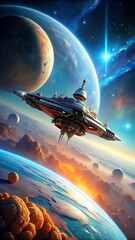 sci-fi space ship flying near a otherwordly planet , 9:16 aspect ratio , phone wallpaper 
