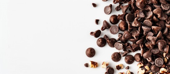 Obraz premium Chocolate chips with nuts displayed on a white background with copy space image.