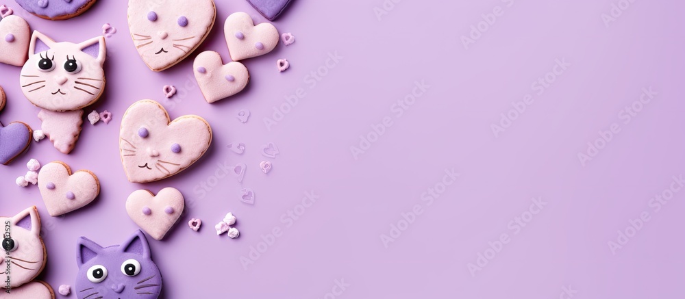 Poster light purple paper background with valentine cat-shaped cookies, featuring copy space image.