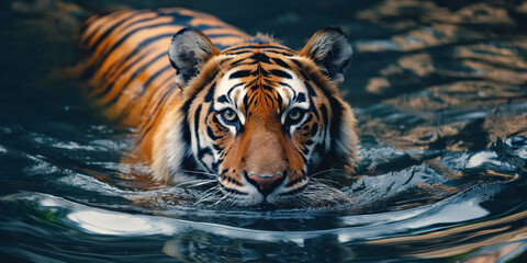 Fototapeta premium Majestic tiger swimming in clear blue water, showcasing its powerful and elegant movements, wildlife and nature concept
