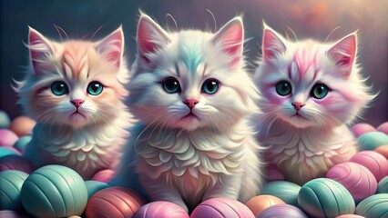Three Fluffy Kittens Surrounded by Colorful Eggs, Pastel Colors, Playful Kittens, Soft Fur, Cute Kittens, Cat, Kitten