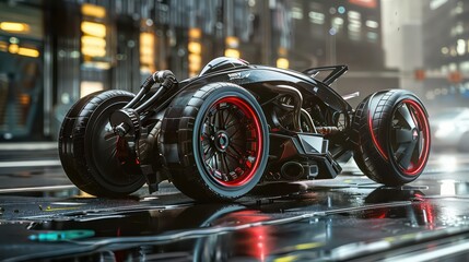 A futuristic looking vehicle with red wheels and a black body