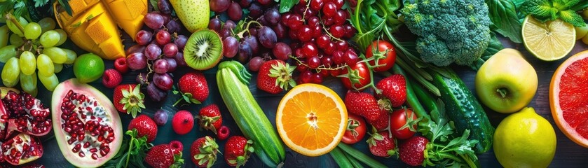 A colorful array of fruits and vegetables is displayed in the creative food flat lay banner