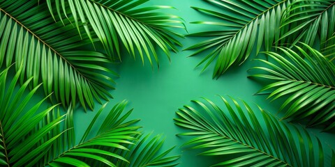 Tropical Palm Leaves on Green Background, Flat Lay, Top View, Summer, Nature , palm, leaves