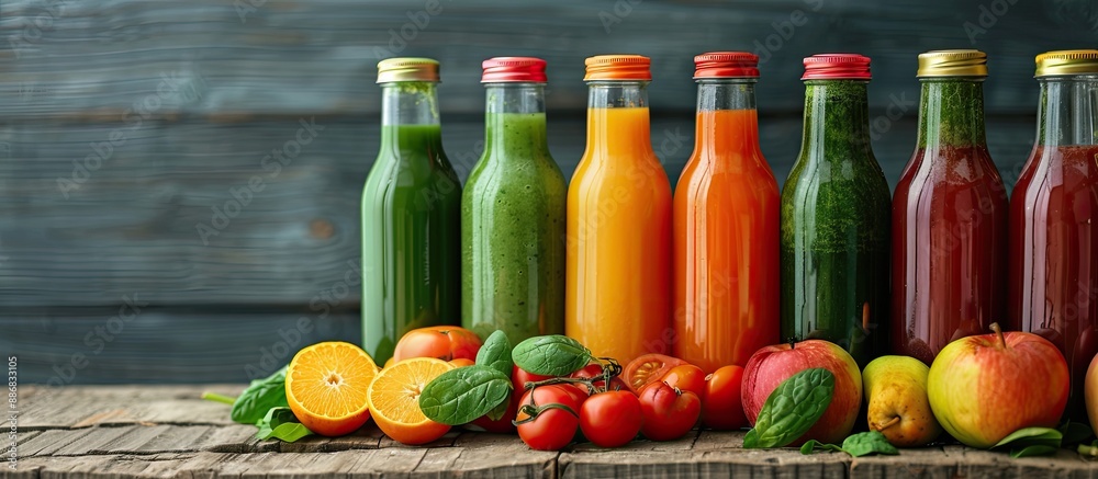 Poster bottled juice varieties include apple and spinach, carrot, and tomato, perfect for a copy space imag