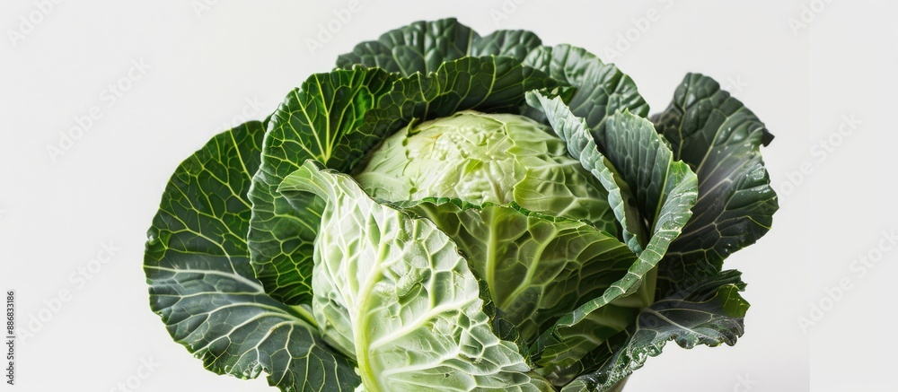 Poster close-up shot of a ripe, smooth-leafed, pale green cabbage on a white background; ideal for featurin