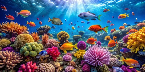 Underwater Paradise Vibrant Coral Reef with Colorful Fish, Digital Painting, Underwater Scene, Sunbeams, Coral, Fish, Reef