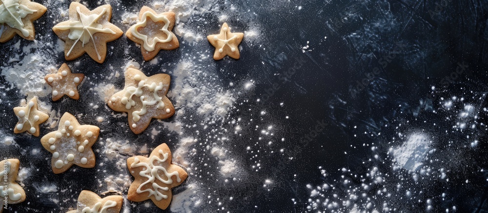 Poster top view of a frame of flour with christmas cookie baking shapes on a dark background. christmas foo