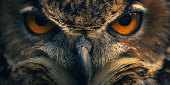 Stunning close-up of a majestic owl, intense orange-yellow eyes, intricate feathers, detailed texture, wildlife photography, captivating avian portrait, ,animal photography concept.