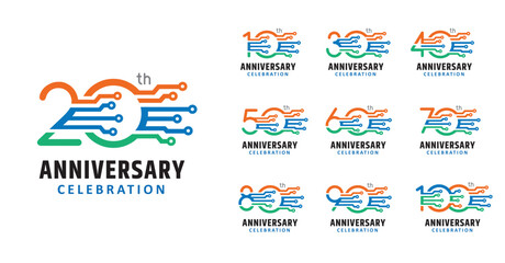 Set of anniversary design colored circuit technology number