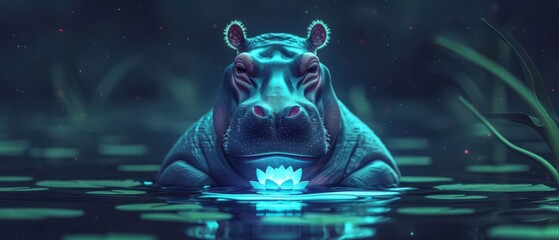 Fototapeta premium A hippopotamus in a yoga outfit is meditating on a glowing lotus in a supernatural pond