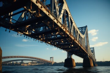 Low angle view of the bridge suspended against the light blue sky, generative IA