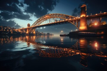 Obraz premium Low angle view of the bridge enlightened against the night sky, generative IA