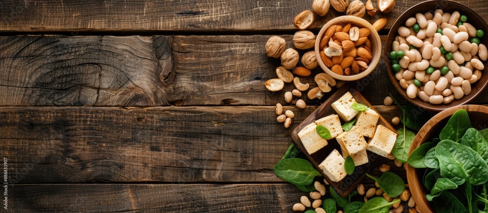 Poster varieties of plant-based protein sources like tofu, beans, nuts, and spinach are commonly found in v