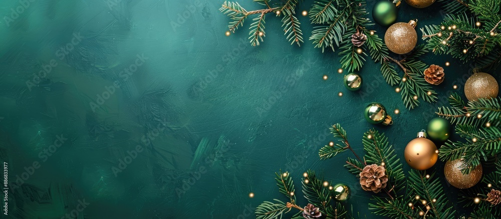 Poster a vibrant green background featuring fir branches adorned with golden and silver ornaments, perfect 