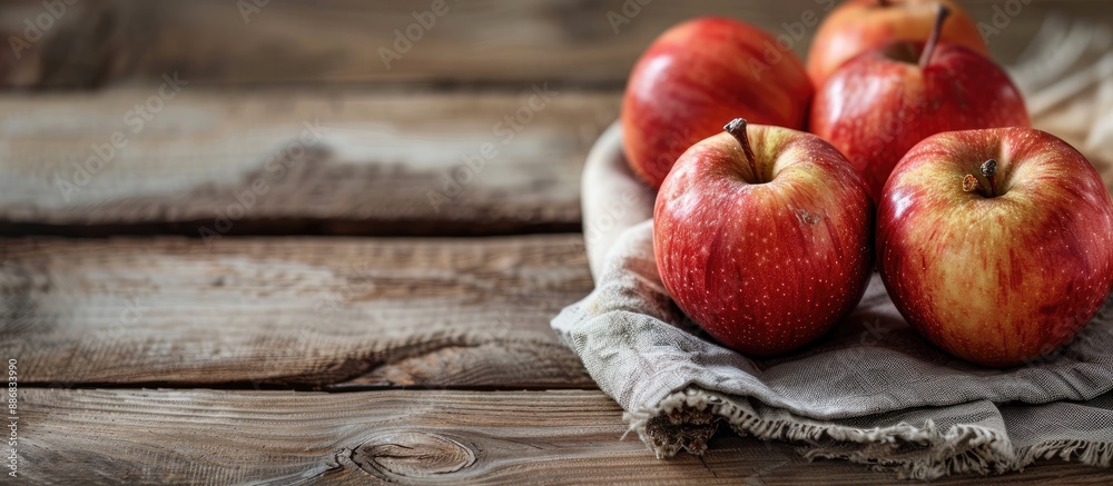 Aufkleber Close-up view of fresh apples on a napkin on a wooden table with cinnamon, offering a visually appealing copy space image.