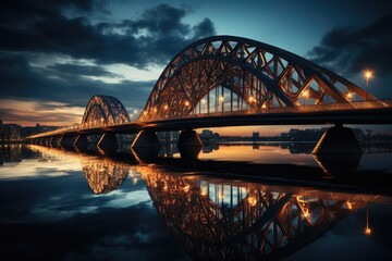 Low angle view of the bridge over the river against the light sky, generative IA