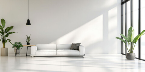 Fototapeta premium Modern living room interior, white sofa, large windows, house plants, minimalistic design, bright sunlight, tranquility, luxury, serene, stylish, interior design concept