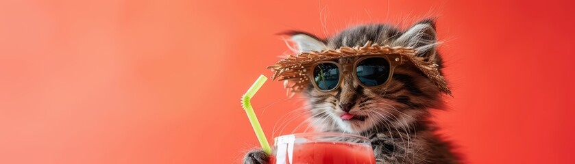 Naklejka premium A fluffy kitten wearing a sun visor, sipping from a coconut drink with a coral background, copy space