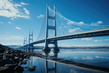 Naklejka premium Low angle view of the bridge suspended against the sky, generative IA