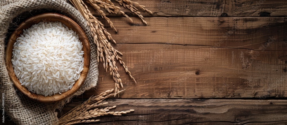 Poster Top view of rice on a wooden table with copy space image.