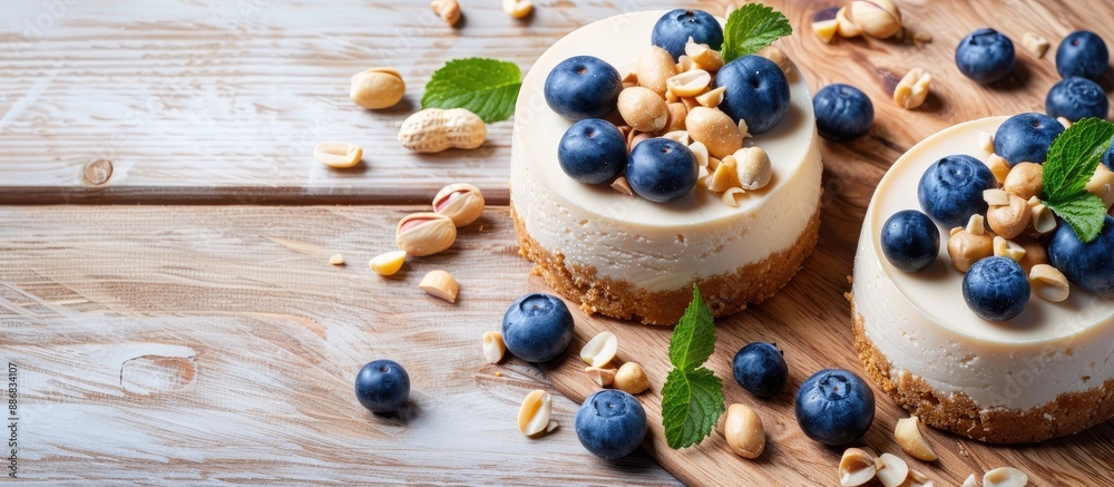 Aufkleber two cheesecakes placed on a light wood background with scattered blueberries and peanuts, suitable f