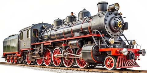 Fototapeta premium Vintage Steam Locomotive Engine, isolated on white, black and red, transportation , steam engine , train , locomotive