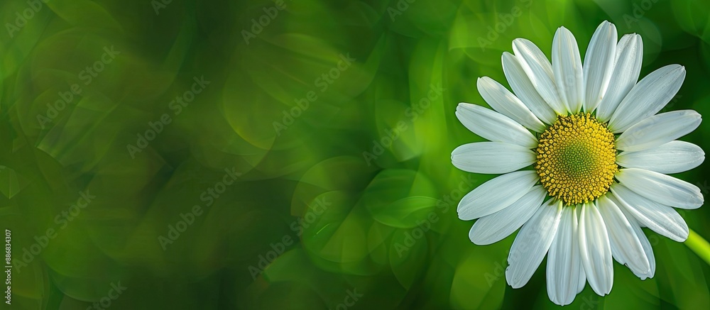 Poster close-up shot of a pretty daisy flower with a lush green backdrop in a photo with blank space for te
