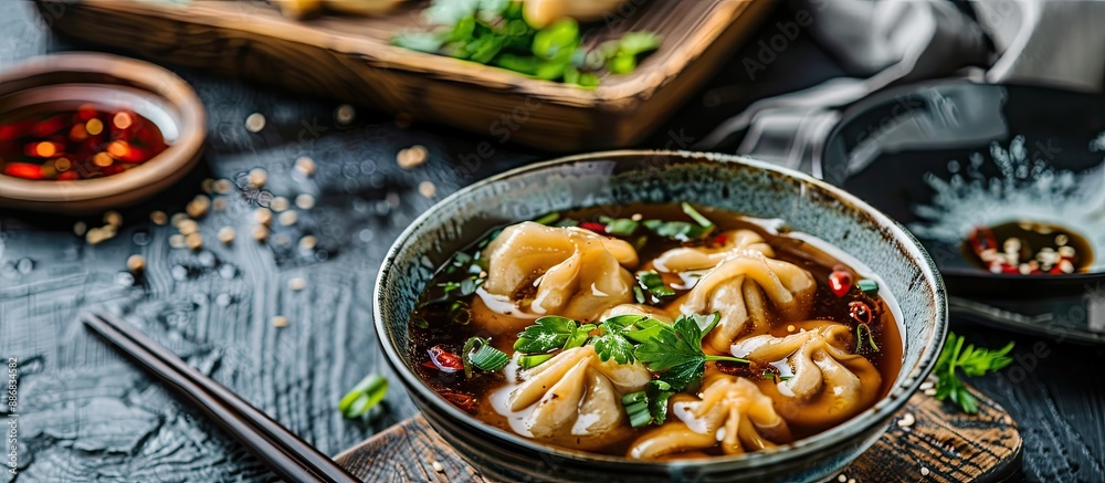 Leinwandbilder close-up view of a delicious bowl of dumplings in broth on a table with copy space image available.