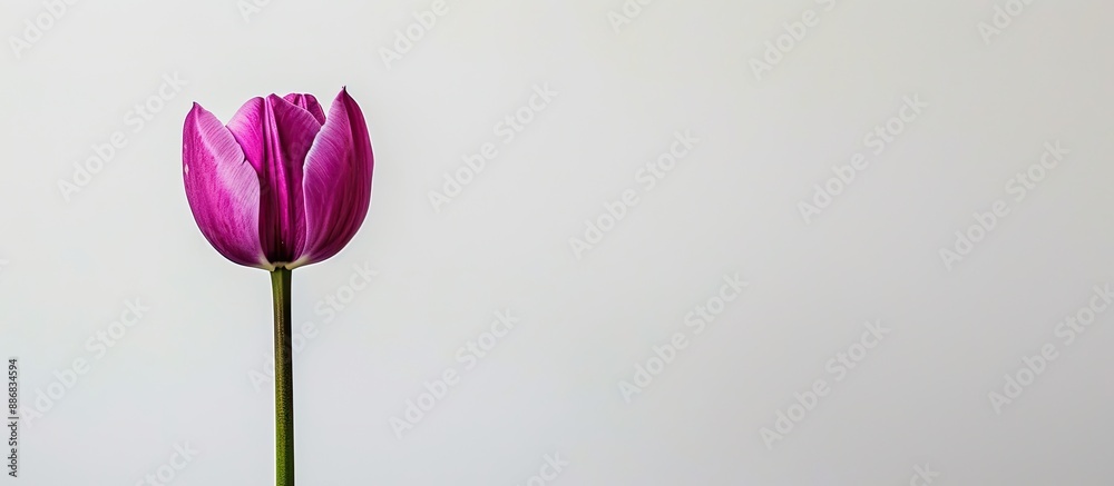 Poster Tulip in shades of purple set against a white backdrop, with no other elements visible in the picture, creating a 'copy space image.'