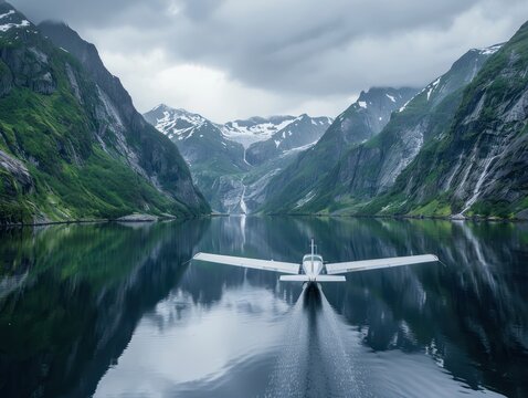 Small white airplane flies over serene lake surrounded by green mountains. Cloudy sky above with perspective from below looking up. Perfect for travel agency and tours in Norway.