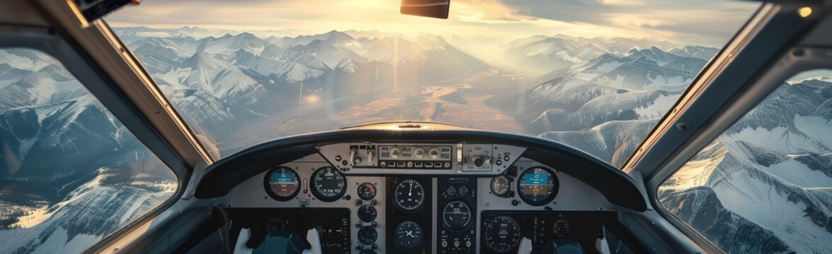 Airplane cockpit view from inside. Pilot seat and control panel visible. Gray interior contrasts with blue sky outside. Rocky Mountains in USACanada background, misty peaks.