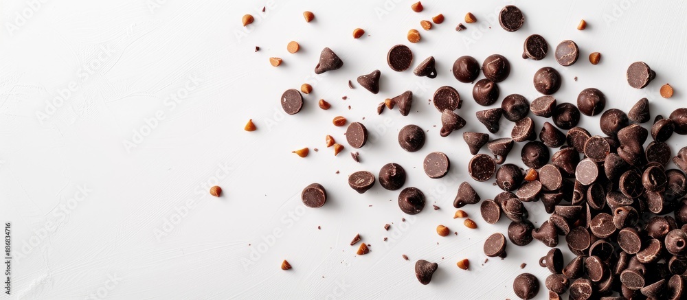 Leinwandbilder chocolate chips with nuts displayed on a white background with copy space image.