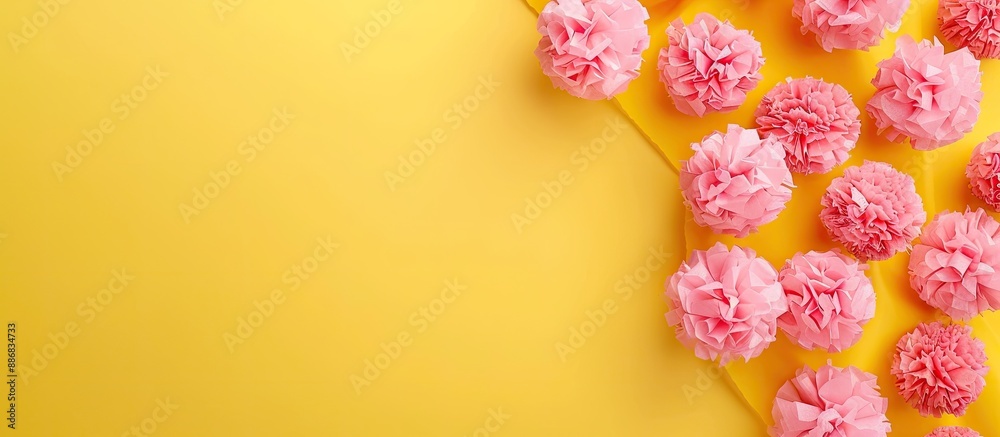 Aufkleber yellow background with a banner outlined by pink tissue paper balls, featuring copy space image for 