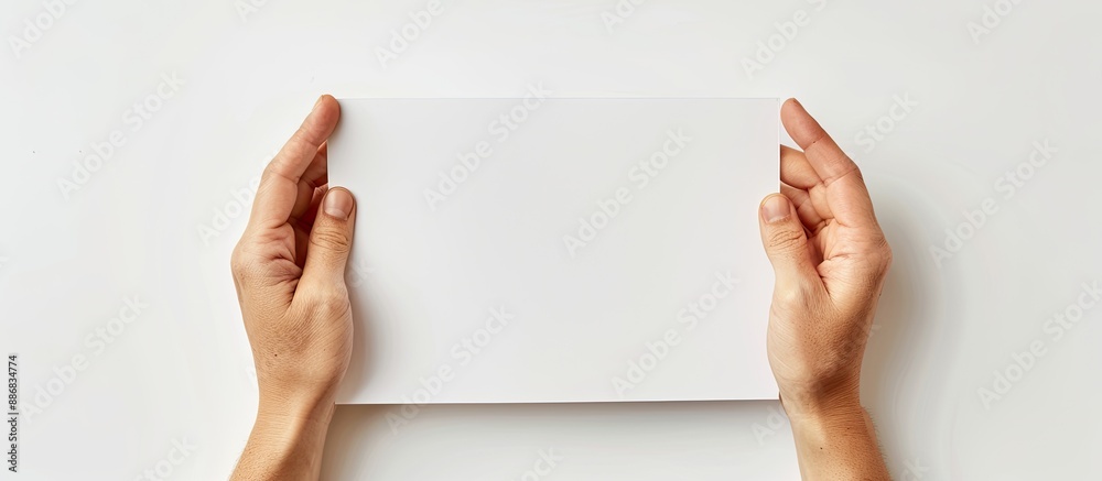 Fototapete hands clasping an empty paper with room for text, on a white background for a copy space image.