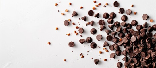 Obraz premium Chocolate chips with nuts displayed on a white background with copy space image.