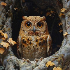 Majestic Elf Owl Perching in Autumn Forest with Leaves and Branches
