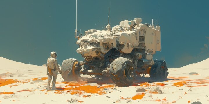 Futuristic Robotic Rover on Mars Red Planet with Negative Space Exploration