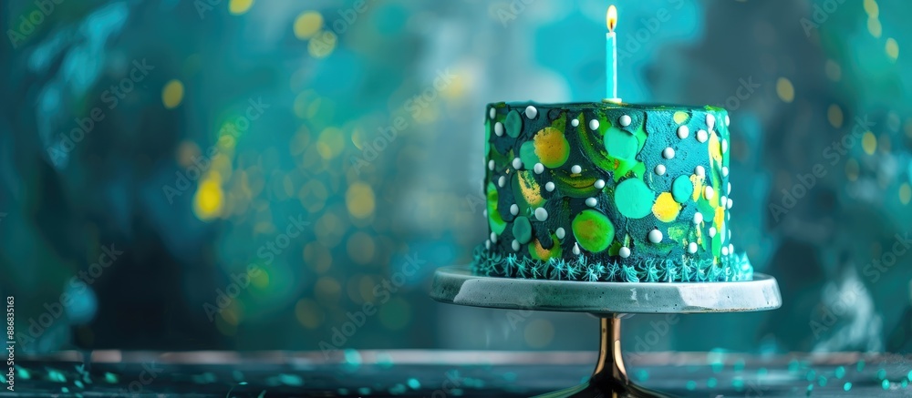 Poster copy space image of a cake adorned with abstract green and blue decorations, featuring a single cand