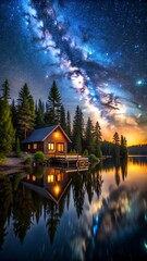 Fototapeta premium house with a deck , ricer reflecting the beautiful night sky , 9:16 aspect ratio , phone wallpaper 