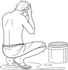Man taking bath on the street, hand drawn in thin line style