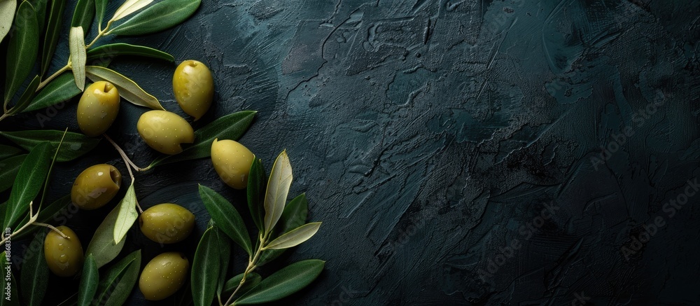 Aufkleber Dark background with green olives creating visual interest and a copy space image.