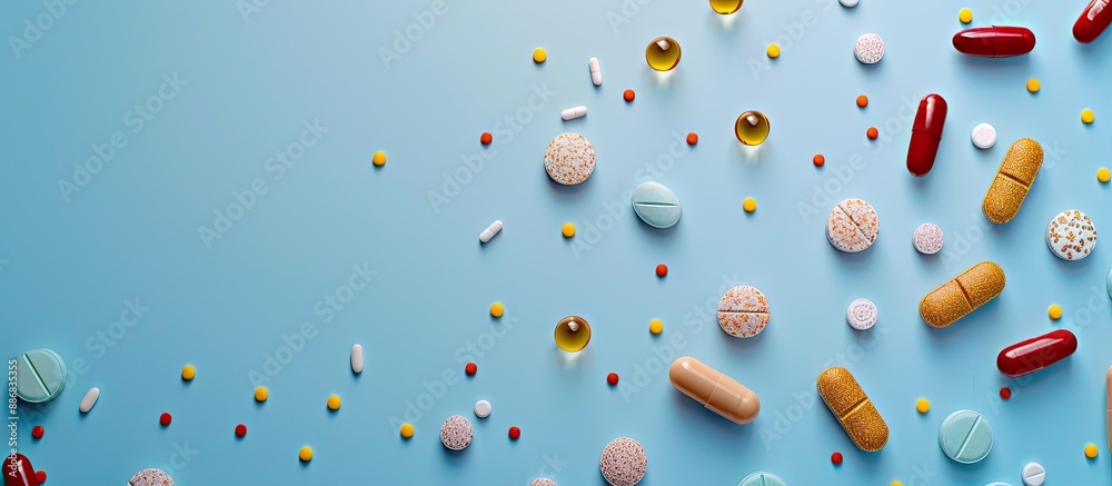 Poster Various pills, vitamins, and capsules of different shapes and packaging displayed closely on a blue background with selective focus for a copy space image.