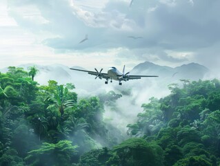 Naklejka premium Airplane flies over Amazon Rainforest. Small plane soars through dense green trees and bushes. Cloudy sky adds depth to scene. Perfect for travel agency and tours.