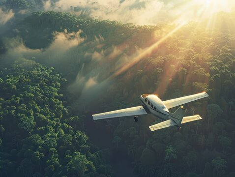 Small white airplane soars through sky with rich green forest background. Sun shines brightly from top left corner casting warm glow. Perfect for travel agency and tours.