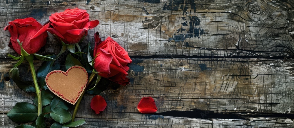 Poster red roses and a heart-shaped card placed on weathered wood with copy space image for your message.