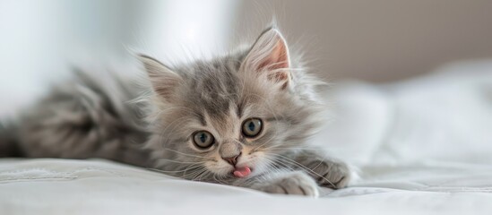 Adorable longhaired gray kitten with stunning green eyes resting on a white surface, licking its lips. Features a charming fluffy cat with copy space image.