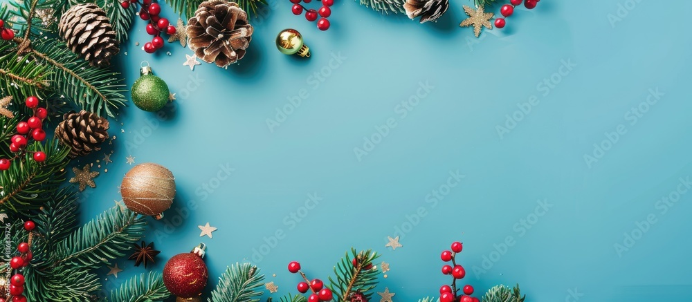 Poster blue christmas background adorned with decorations in a flat lay style, providing ample copy space i