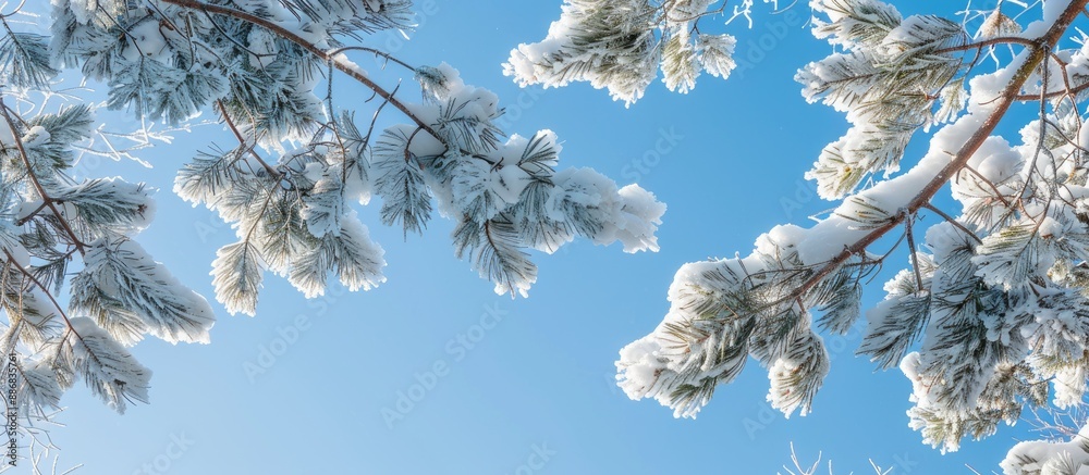 Leinwandbilder Snow-covered tree branches against a clear blue sky with a view of the forest treetops, creating a serene and picturesque copy space image.