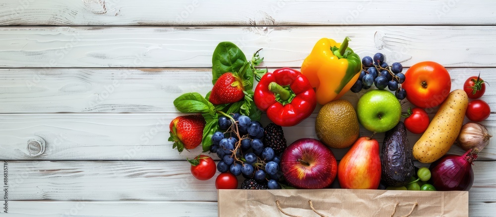 Poster top-down view of various healthy foods in a paper bag placed on a white wooden surface, creating an 